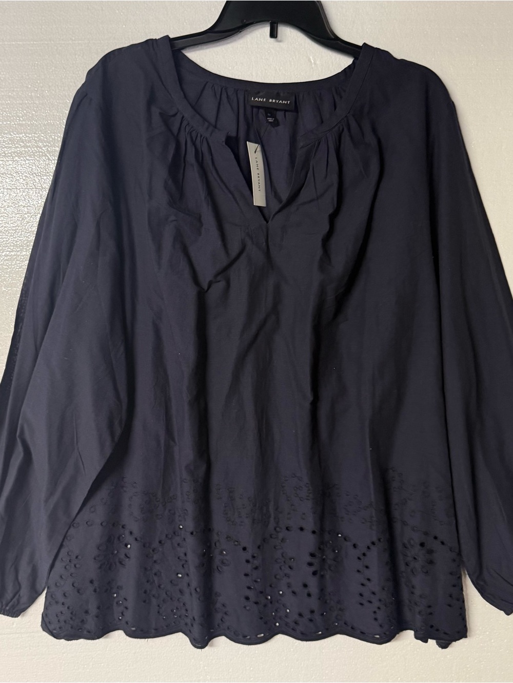 Lane Bryant Women’s Size 22 Navy Blue Eyelet Embroidered Long Sleeve Blouse Top